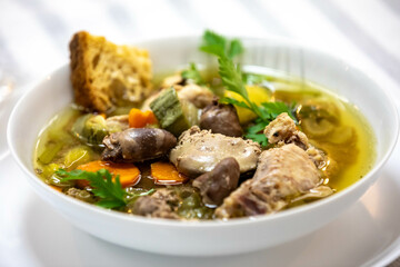 Super nutritious chicken and vegetable soup with chicken liver and hearts