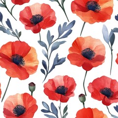 Watercolor Wildflower Bouquet Pattern Featuring Poppies