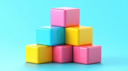 Fototapeta premium Colorful 3D Render of Brick Block Puzzle Icon in Yellow, Sky Blue, Pink, and Purple