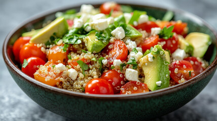 A bowl of quinoa salad with avocado, cherry tomatoes, and feta cheese.
