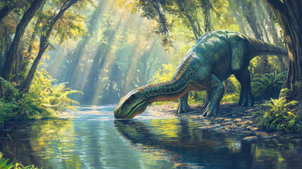 A tranquil scene of a dinosaur drinking from a crystal-clear river, surrounded by lush greenery and...