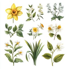 Set of Spring Botanicals Featuring Pussywillow, Herbs, and Daffodils
