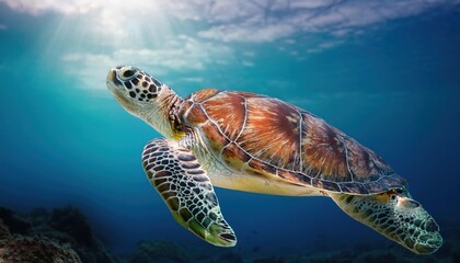 Fototapeta premium a turtle swims in the clean clear water. beautiful underwater world.
