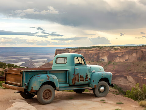 Fototapeta Classic pickup truck rests atop a scenic overlook, offering a breathtaking view of nature's beauty.