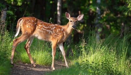 White tailed deer fawn with hind on natural