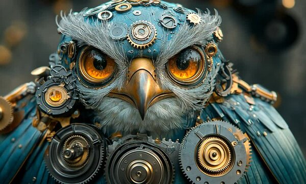 A steampunk owl adorned with gears and mechanical elements.