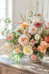 Obraz premium Bouquet of anemones, peonies, roses and ranunculus in a vintage vase