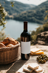 Naklejka premium Bottle of wine with an blank mock-up label, freshly baked bread, olives and cheese.