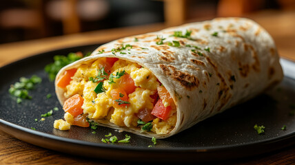 Scrambled egg breakfast burrito with tomatoes and herbs on a plate.
