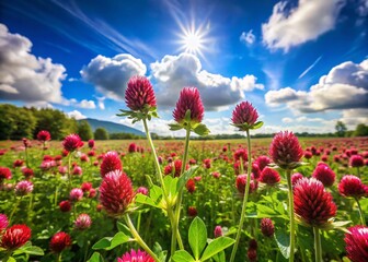Vibrant Red Clover Blossoms in a Lush Green Meadow Under Bright Blue Sky on a Sunny Day