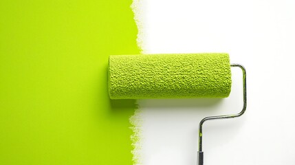 Obraz premium Roller for painting walls in a warm lime green color with a telescopic long handle, painting the wall in the same green color, on the left side from top to bottom