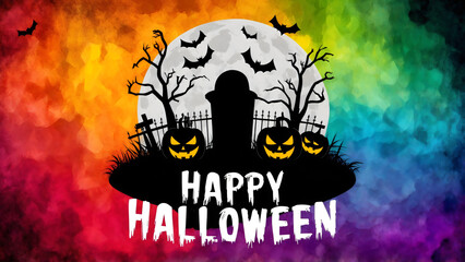 A spooky Happy Halloween scene featuring a graveyard, full moon, trees, scary pumpkins and bats on a grunge rainbow gradient background, party flyer