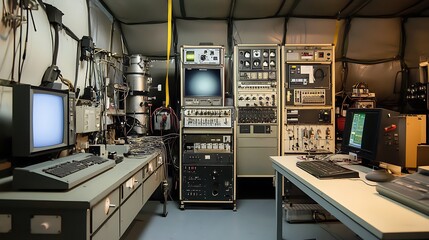 Vintage Scientific Laboratory Interior with Electron Microscope and Computers