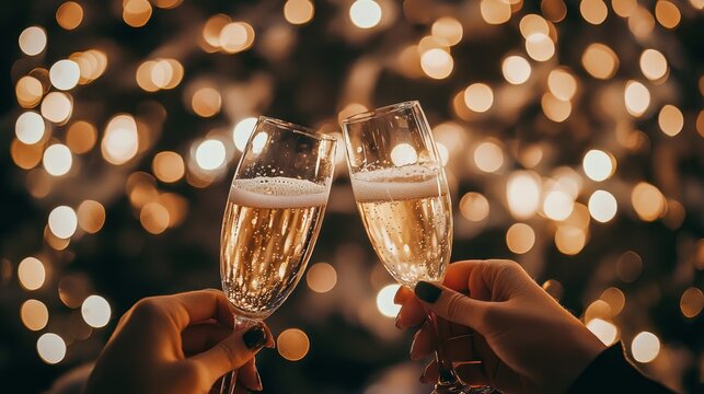 A joyful champagne toast at midnight as friends clink glasses surrounded by sparkling bokeh lights celebrating the arrival of the new year