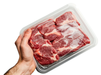 PNG Close-up hand carry choose beef plastic package and cover with blank label meat food pork.