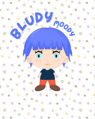 Blue hair, Mood, Cute boy, Child Cartoon, Hand Drawing