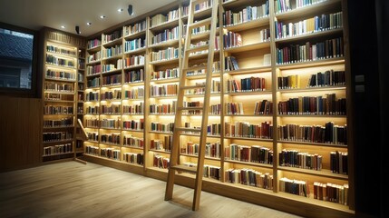 Fototapeta premium Scandinavian-inspired home library with floor-to-ceiling wooden bookshelves, a sliding ladder, and integrated lighting