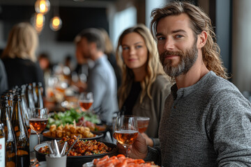 A group of colleagues unwinding at a casual office happy hour, enjoying drinks and appetizers together.