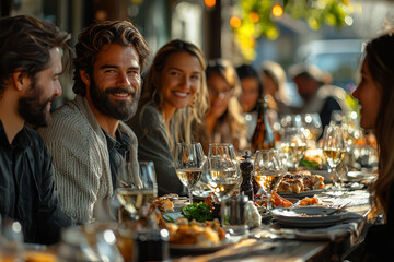 A group of colleagues having a casual team lunch at a nearby restaurant, enjoying good food and each other's company.