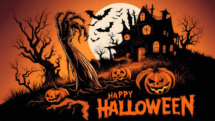 Halloween background featuring pumpkins, a haunted house, trees, bats flutter under a full moon and a creepy arm reaching from the ground, "Happy Halloween" text at the bottom
