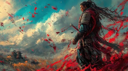 A lone warrior stands in a crimson-streaked sky, gazing at a distant city