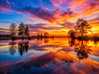 Vibrant sunset over a tranquil lake with silhouetted trees reflecting in the still water surface