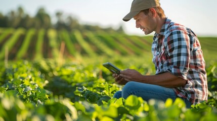 A farmer checks his tablet while sitting in his field of crops.