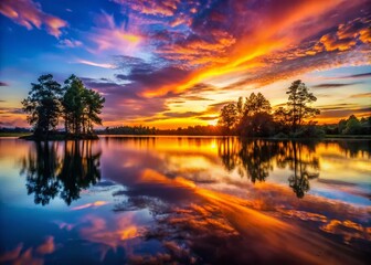 Fototapeta premium Vibrant Sunset Over Tranquil Lake with Silhouetted Trees and Reflective Water Surface at Dusk