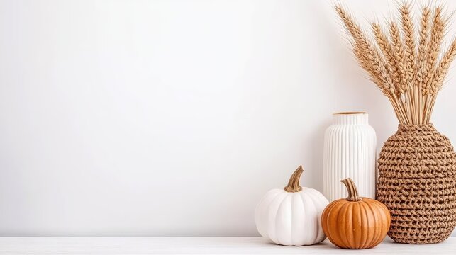 This shelf showcases inviting autumn decorations, including white and orange pumpkins, golden wheat, and textured vases, creating a warm fall atmosphere