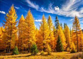 Fototapeta premium Vibrant Tamarack Trees in Autumn Displaying Stunning Golden Foliage Against a Clear Blue Sky