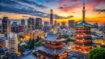 Vibrant Tokyo Cityscape with Skyscrapers, Neon Lights, Traditional Temples and Scenic Parks