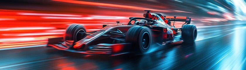 Naklejka premium Dynamic racing car speeding through vibrant streaks of light, capturing the thrill of motorsport action in a modern setting.