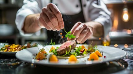 A chef carefully places a sprig of fresh herbs on a beautifully plated dish of  meat and vegetables.