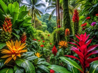 Fototapeta premium Vibrant Tropical Rainforest Flowers in Lush Greenery Showcasing Nature's Colorful Beauty and Diversity