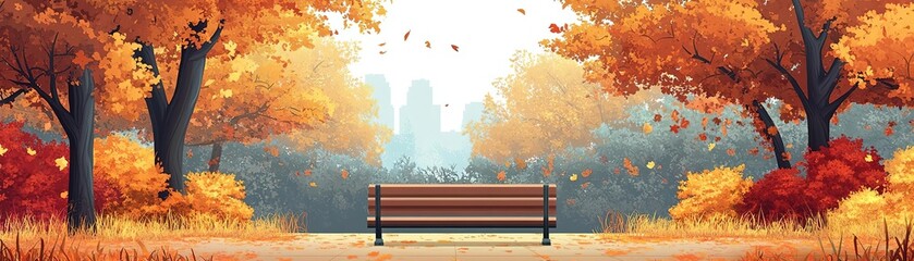 Obraz premium A serene park scene with a wooden bench surrounded by vibrant autumn foliage and soft sunlight filtering through the trees.
