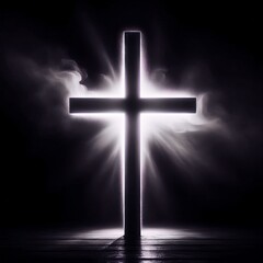 Illuminated cross surrounded by clouds or fog on a black background. Symbol of faith, crucifixion, resurrection, Christianity