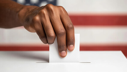 A man is voting in a booth with a red and white American flag behind him. He is holding a white card that says "vote"