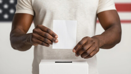 A man is voting in a booth with a red and white American flag behind him. He is holding a white card that says "vote"
