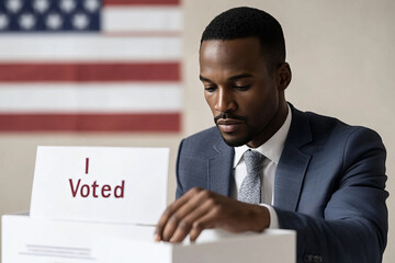A man is voting in a booth with a red and white American flag behind him. He is holding a white card that says "vote"