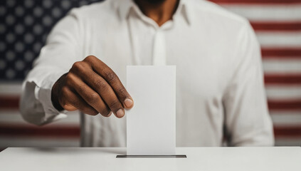 A man is voting in a booth with a red and white American flag behind him. He is holding a white card that says "vote"