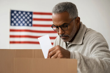 A man is voting in a booth with a red and white American flag behind him. He is holding a white card that says "vote"