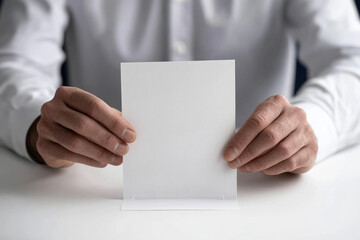 A man is voting in a booth with a red and white American flag behind him. He is holding a white card that says "vote"