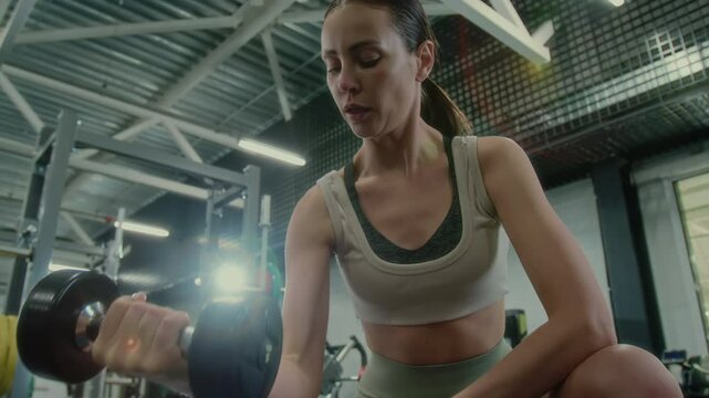 Low angle view of young sporty woman ding seated dumbbell curls with one arm during strength workout in gym