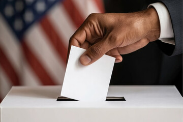 A man is voting in a booth with a red and white American flag behind him. He is holding a white card that says "vote"