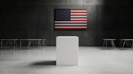 A box with the word Vote on it is sitting on a table in front of a wall with an American flag