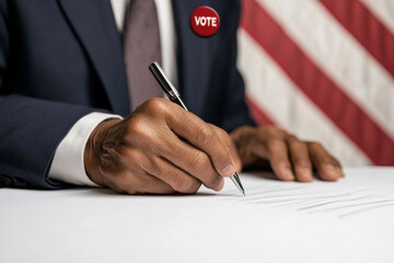 A man is voting in a booth with a red and white American flag behind him. He is holding a white card that says "vote"