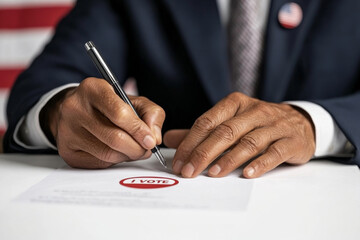 A man is voting in a booth with a red and white American flag behind him. He is holding a white card that says "vote"