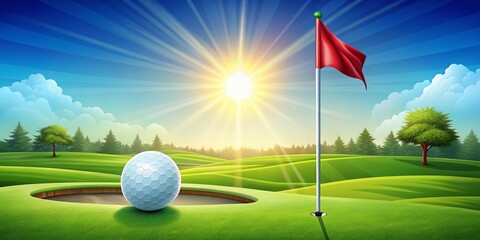 Obraz premium Vibrant Vector Illustration of a Golf Green with Flag and Golf Ball on a Bright Sunny Day