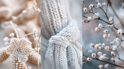 Naklejka premium Winterliche Details von Strick, Schneeflocken und gefrorenen Zweigen.