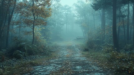 Obraz premium Mysterious forest path shrouded in fog, surrounded by lush trees and vibrant foliage, inviting exploration and adventure.